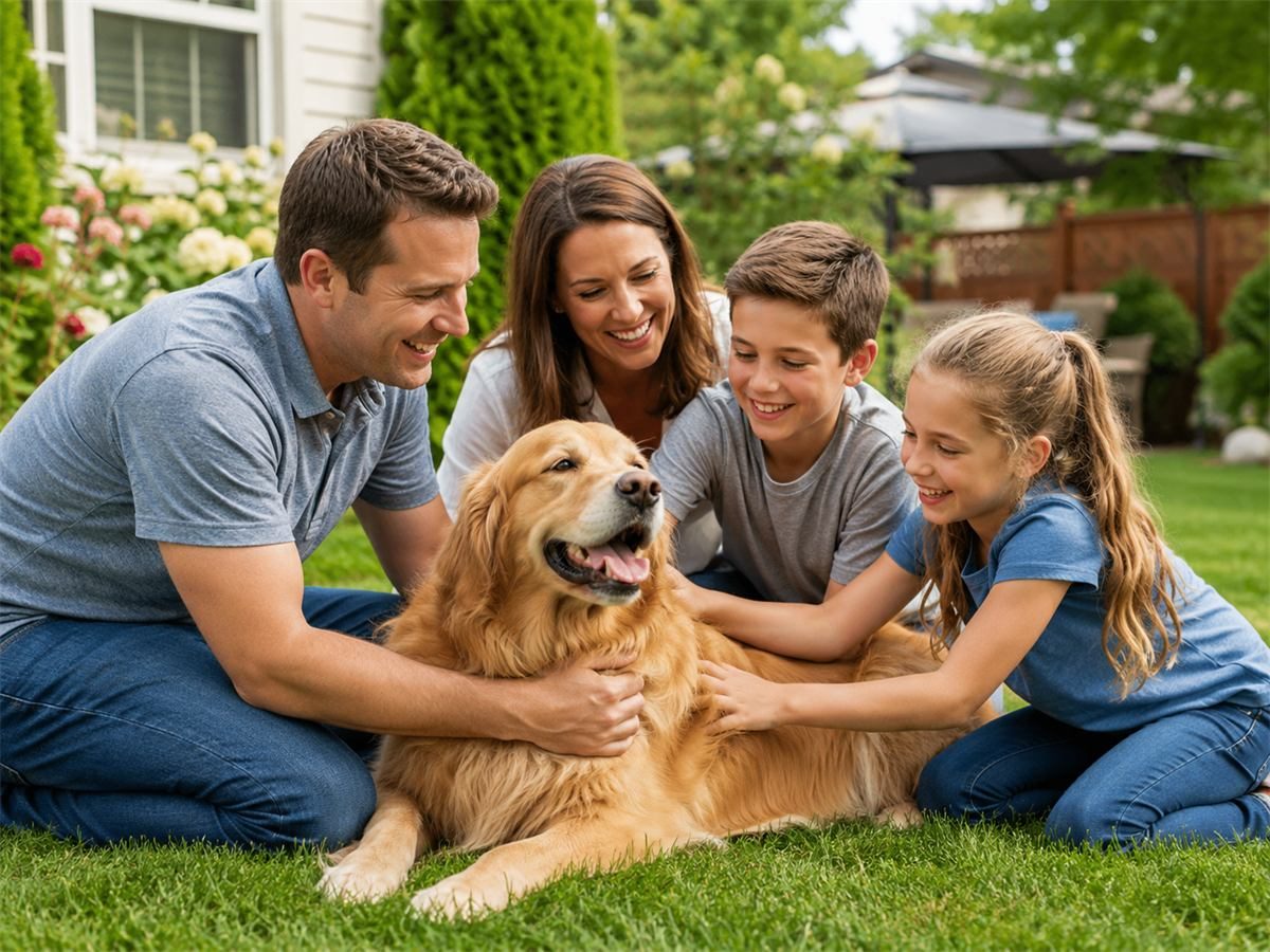 Family enjoying a clean backyard with their dog