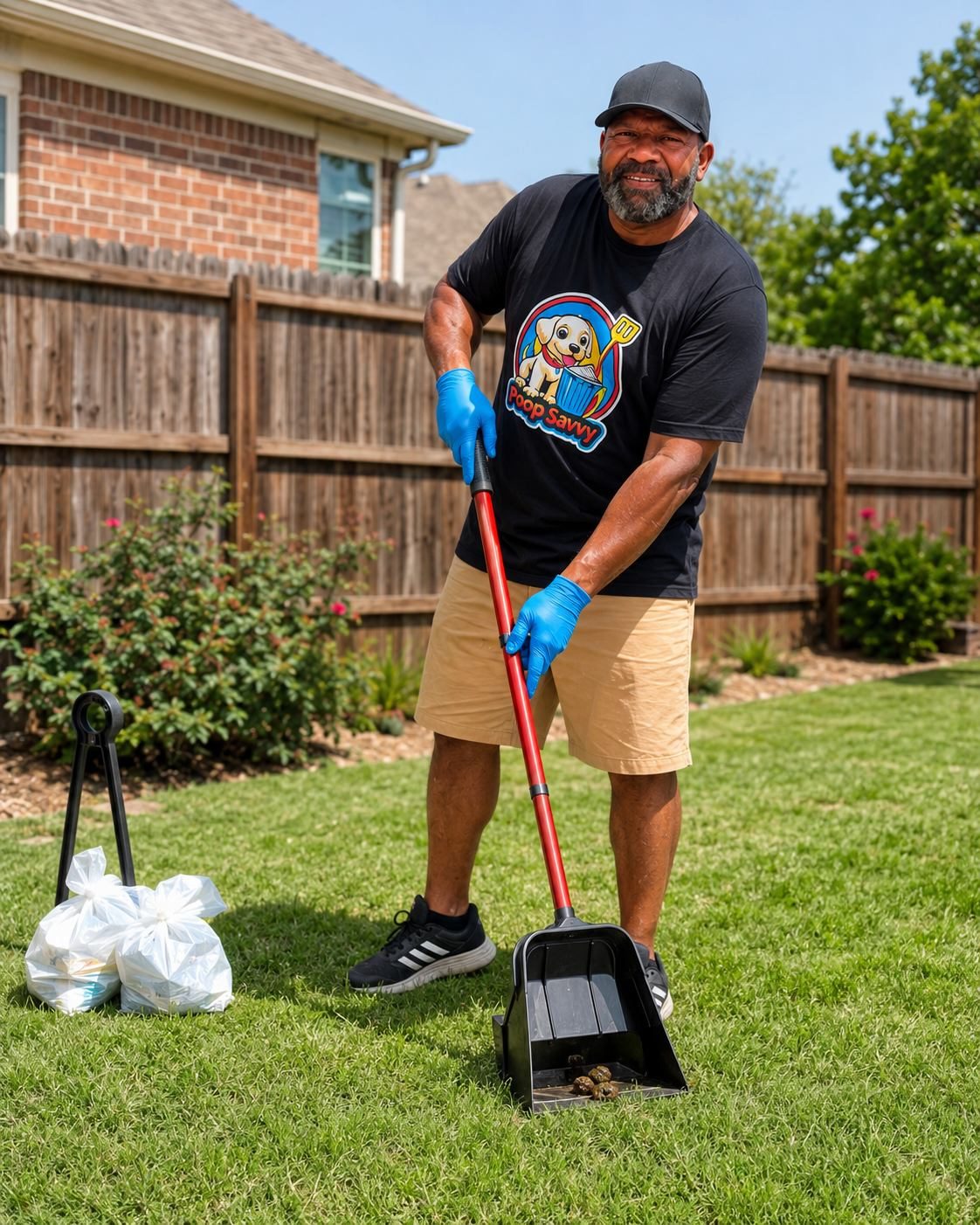 Poop Savvy owner scooping a yard
