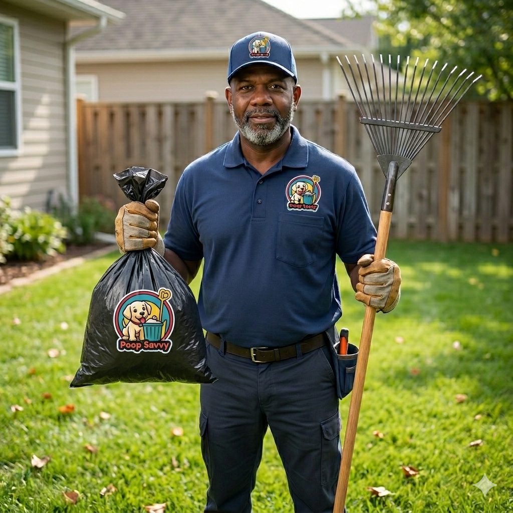 Poop Savvy uniformed owner holding cleanup tools