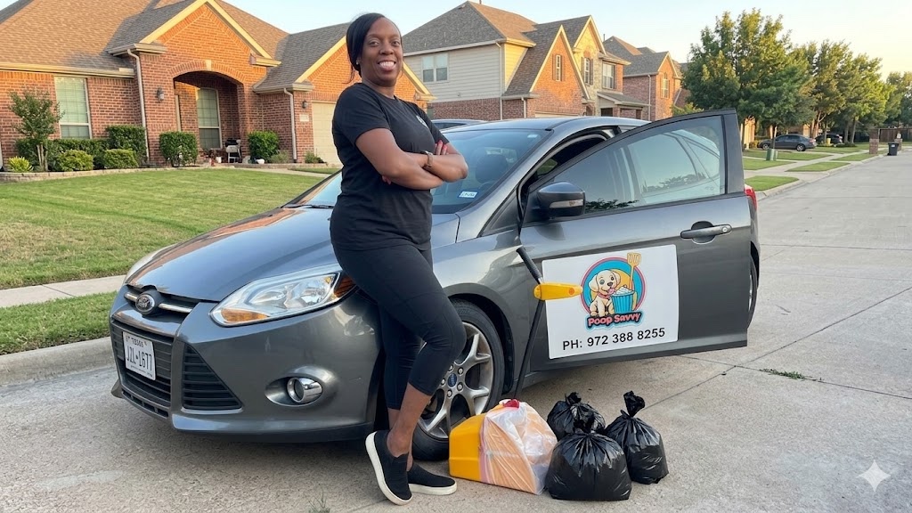 Dee, co-owner of Poop Savvy, beside the branded service vehicle