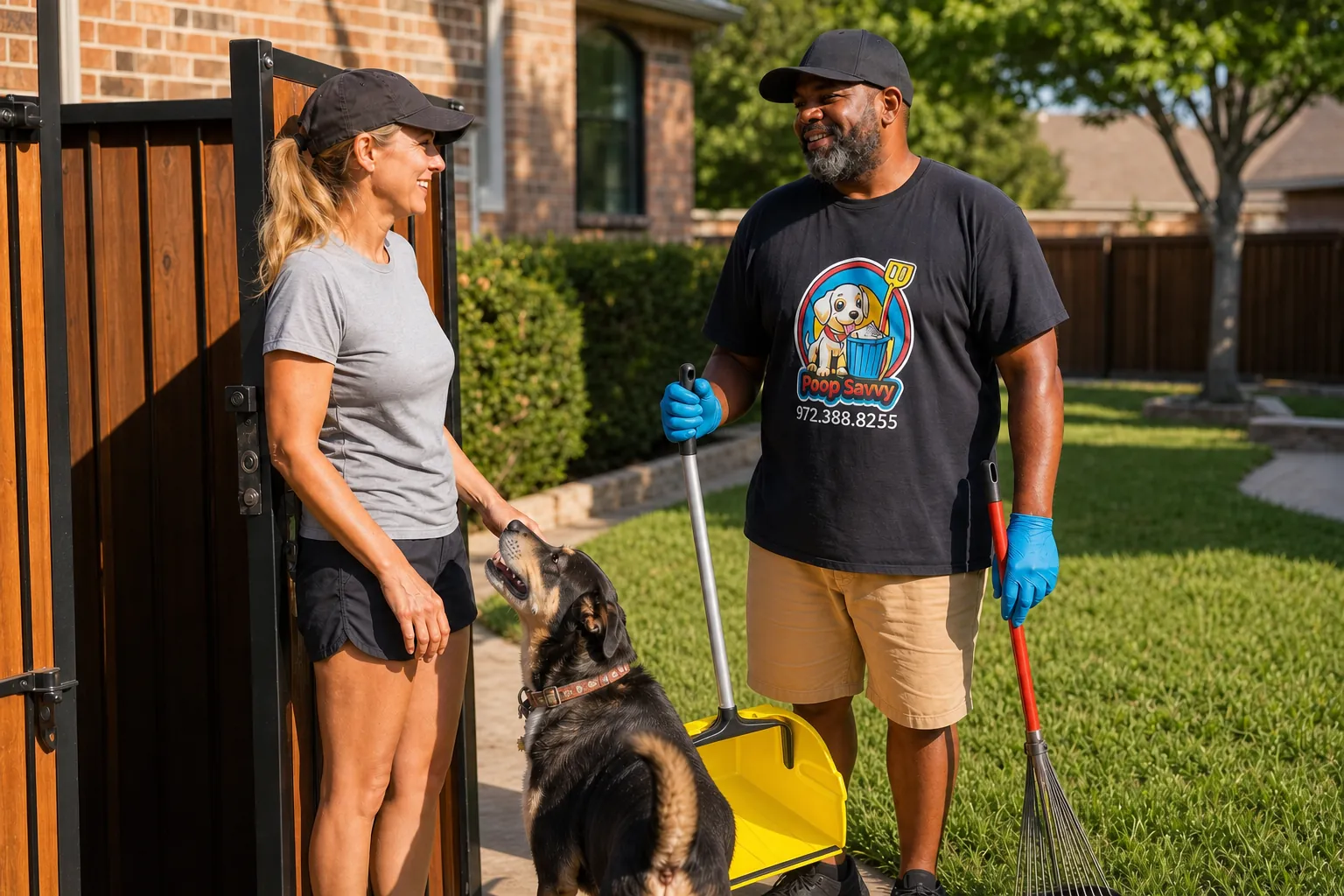 Friendly Poop Savvy technician talking to a homeowner and a dog