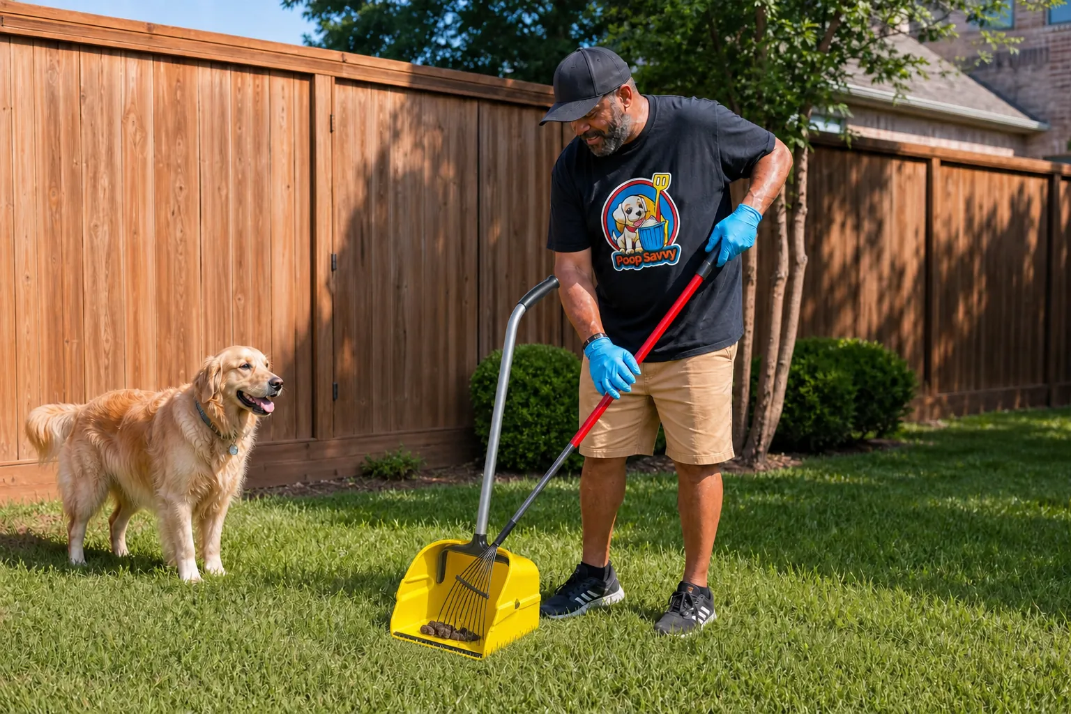 Poop Savvy tech professionally scooping dog poop from a lush green residential yard